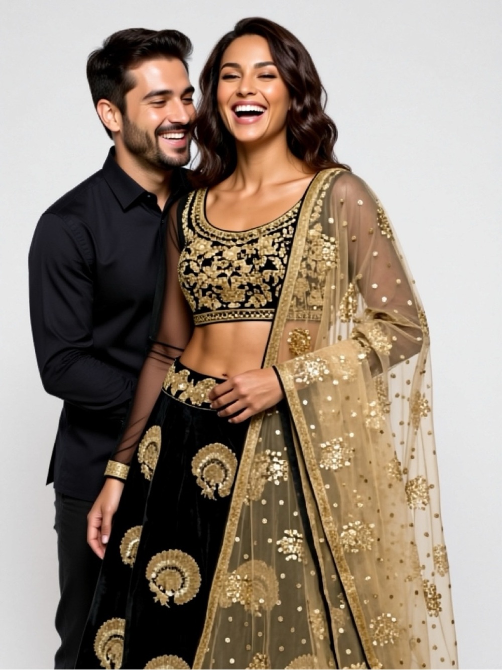 Unique Elegant Black & Gold Embroidered Lehenga Set with Gold Dupatta